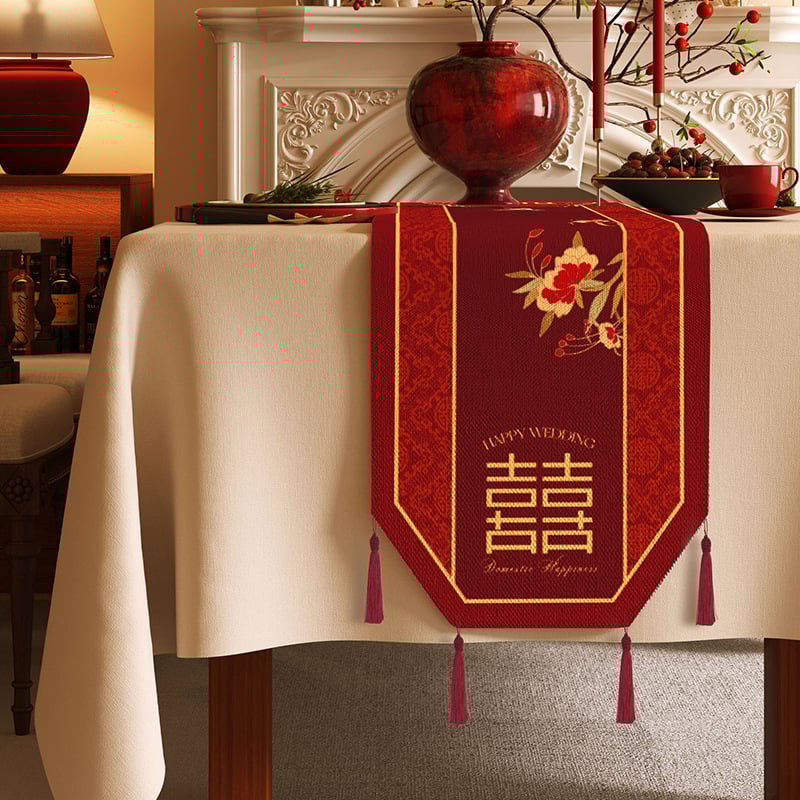 Vjenčana stolna zastavica s veselim uzorkom, vodootporna tkanina s konopnim izgledom, prilagodljivi pokrov za TV stojak, komoda s ladicama i osmerokutni kavos stol