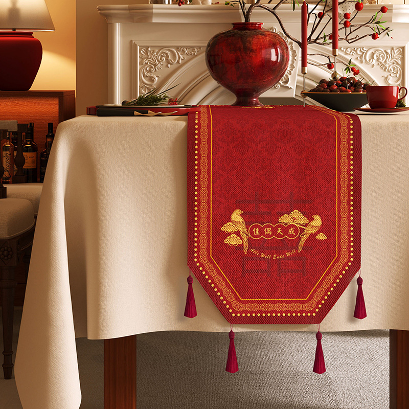 Vjenčana stolna zastavica s veselim uzorkom, vodootporna tkanina s konopnim izgledom, prilagodljivi pokrov za TV stojak, komoda s ladicama i osmerokutni kavos stol