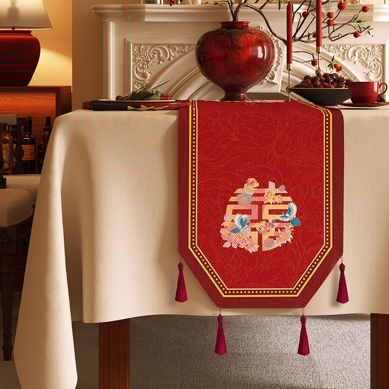 Vjenčana stolna zastavica s veselim uzorkom, vodootporna tkanina s konopnim izgledom, prilagodljivi pokrov za TV stojak, komoda s ladicama i osmerokutni kavos stol