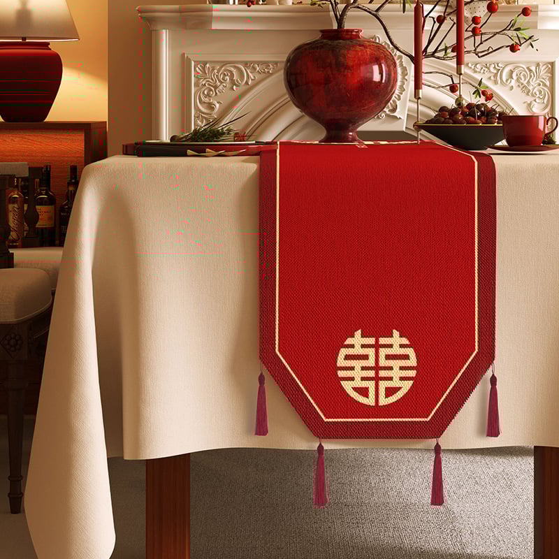 Vjenčana stolna zastavica s veselim uzorkom, vodootporna tkanina s konopnim izgledom, prilagodljivi pokrov za TV stojak, komoda s ladicama i osmerokutni kavos stol