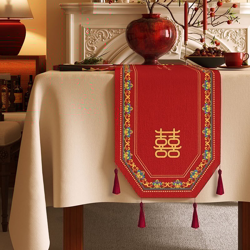 Vjenčana stolna zastavica s veselim uzorkom, vodootporna tkanina s konopnim izgledom, prilagodljivi pokrov za TV stojak, komoda s ladicama i osmerokutni kavos stol