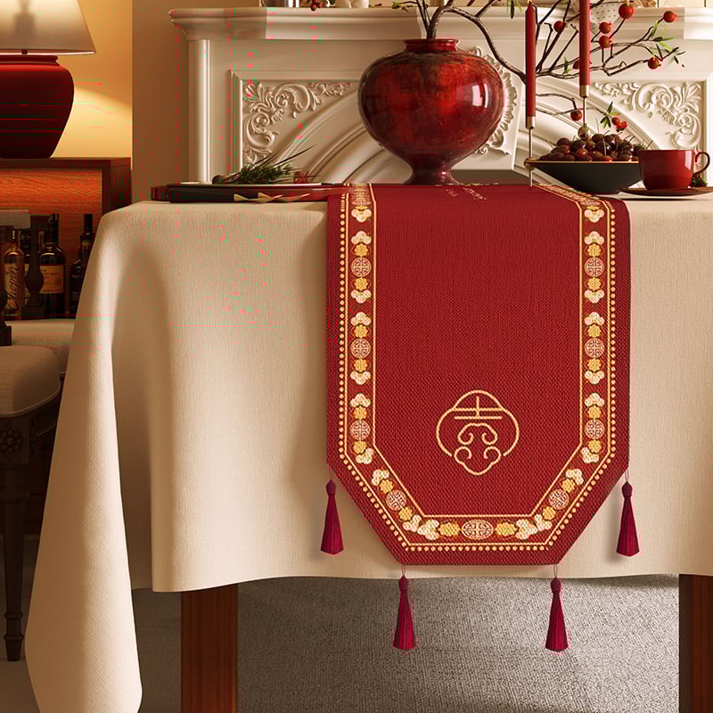 Vjenčana stolna zastavica s veselim uzorkom, vodootporna tkanina s konopnim izgledom, prilagodljivi pokrov za TV stojak, komoda s ladicama i osmerokutni kavos stol