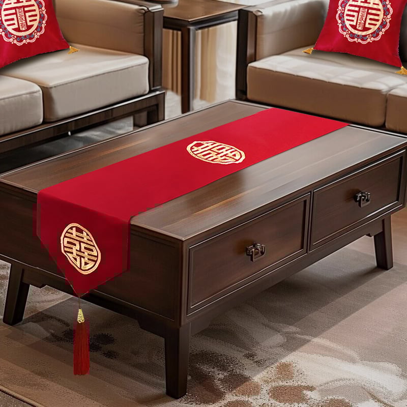 Kāzu galda pārklājs kafijas galdiņam ar pūtīšu izšuvumu dvīņu laimes motīvam, TV skapja pārsegs, iepakots PP somā