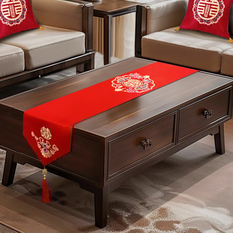 Kāzu galda pārklājs kafijas galdiņam ar pūtīšu izšuvumu dvīņu laimes motīvam, TV skapja pārsegs, iepakots PP somā