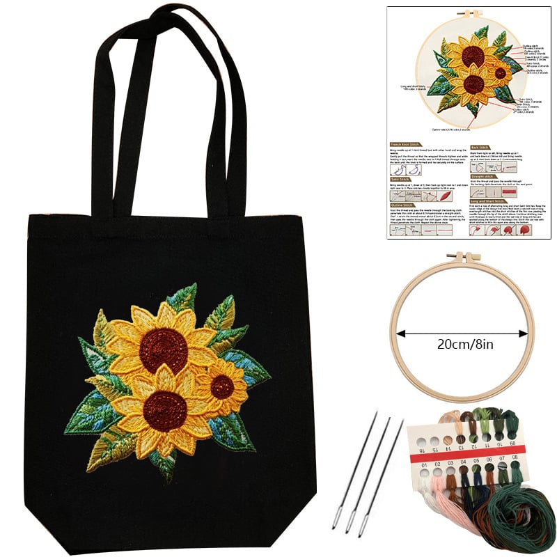 Платнена чанта за бродерия – комплект за кръстат бод, памук и лен, шарка цветя/трева/листа, за начинаещи