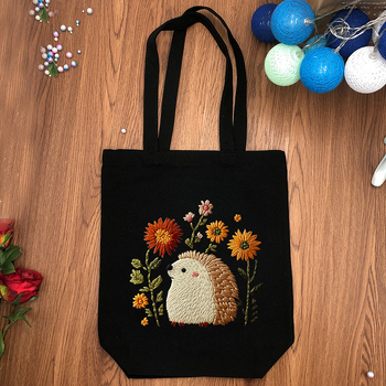 Комплект за бродерия за платнена чанта – DIY Tote, памук и лен, модел: цветя/трева/листа, бродерия с други техники