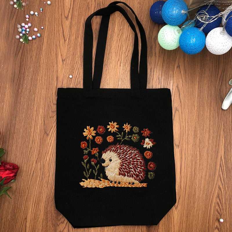 Комплект за бродерия за платнена чанта – DIY Tote, памук и лен, модел: цветя/трева/листа, бродерия с други техники