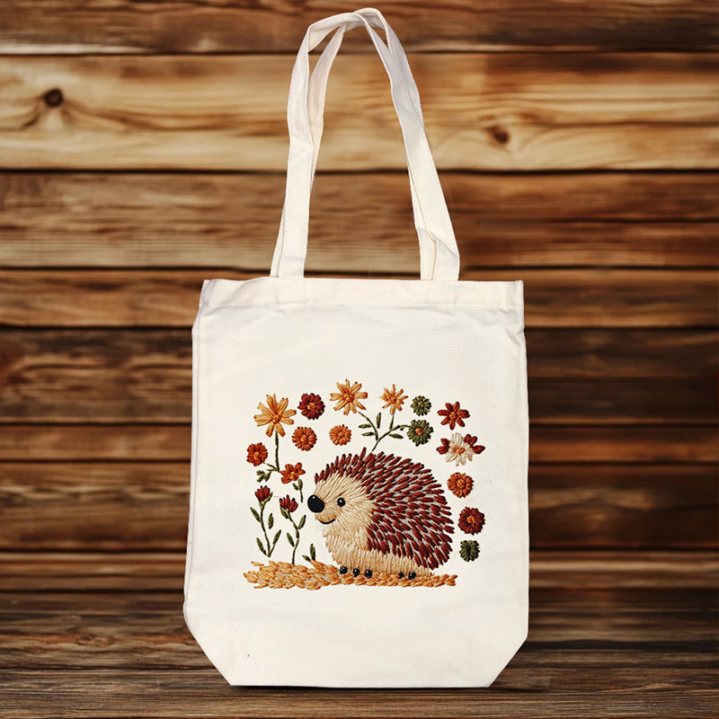 Комплект за бродерия за платнена чанта – DIY Tote, памук и лен, модел: цветя/трева/листа, бродерия с други техники