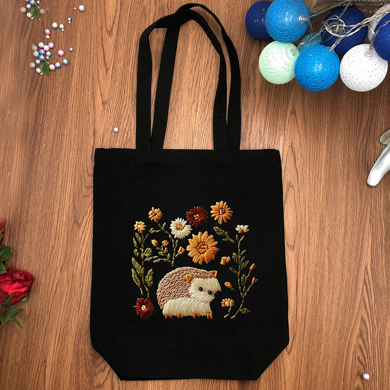 Комплект за бродерия за платнена чанта – DIY Tote, памук и лен, модел: цветя/трева/листа, бродерия с други техники