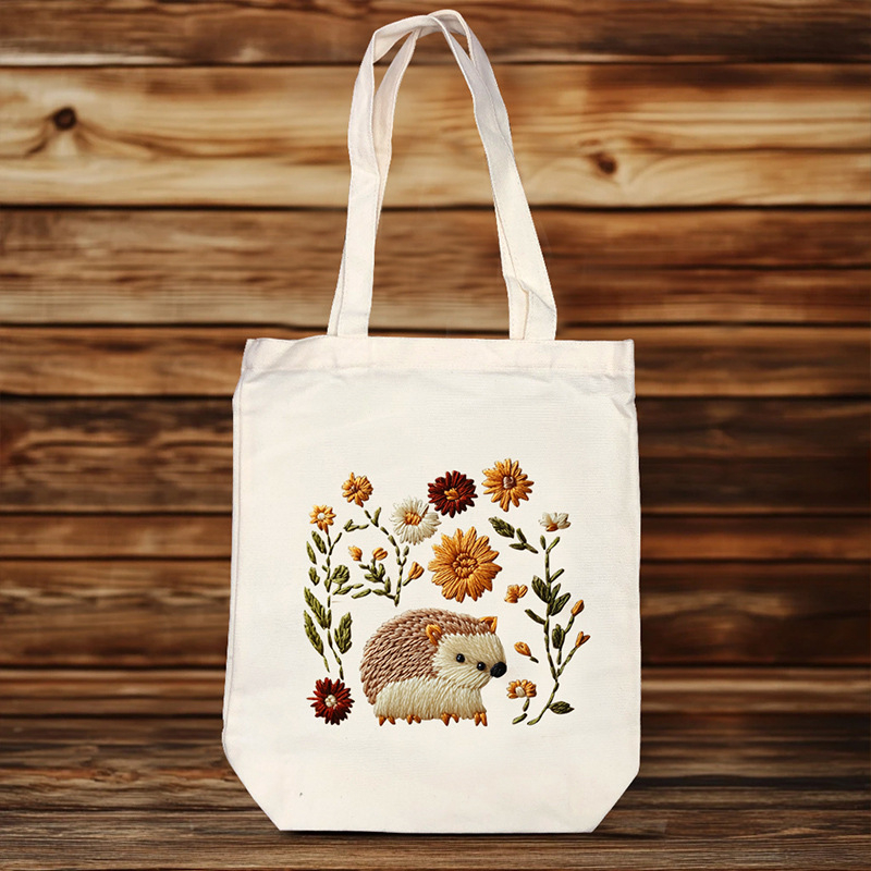 Комплект за бродерия за платнена чанта – DIY Tote, памук и лен, модел: цветя/трева/листа, бродерия с други техники