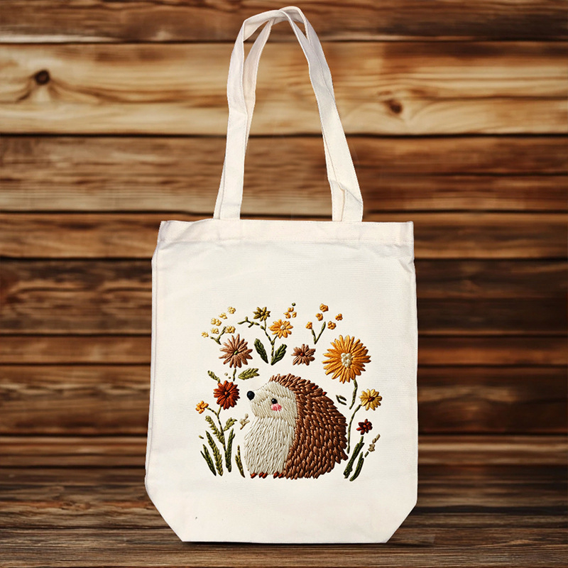 Комплект за бродерия за платнена чанта – DIY Tote, памук и лен, модел: цветя/трева/листа, бродерия с други техники