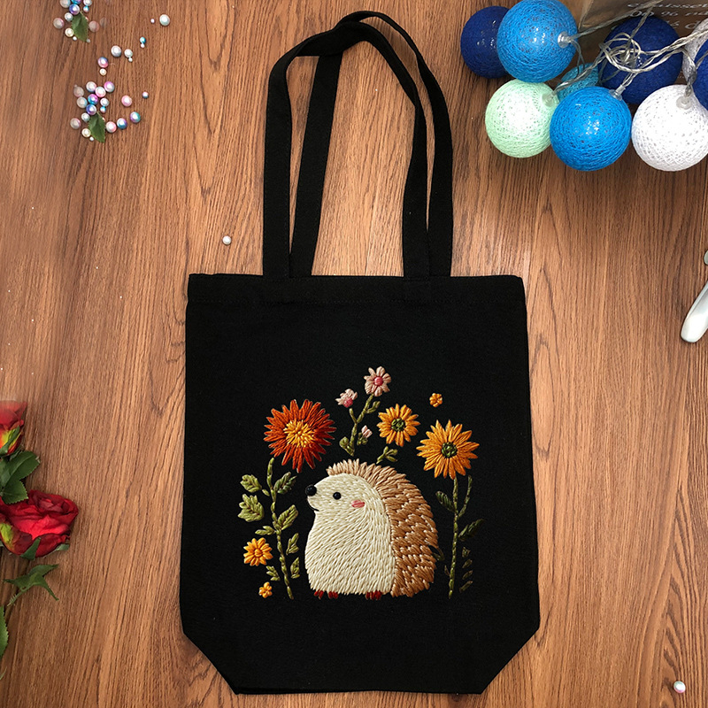 Комплект за бродерия за платнена чанта – DIY Tote, памук и лен, модел: цветя/трева/листа, бродерия с други техники
