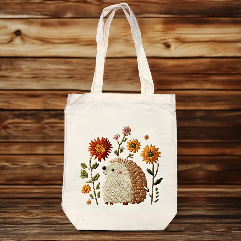 Комплект за бродерия за платнена чанта – DIY Tote, памук и лен, модел: цветя/трева/листа, бродерия с други техники