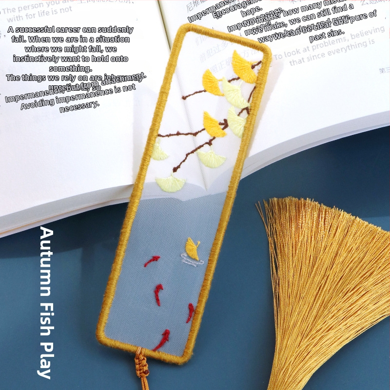Комплект за бродерия върху закладка за книга в стил Мин-Цин, флорални мотиви, Су бродерия, произход Китай