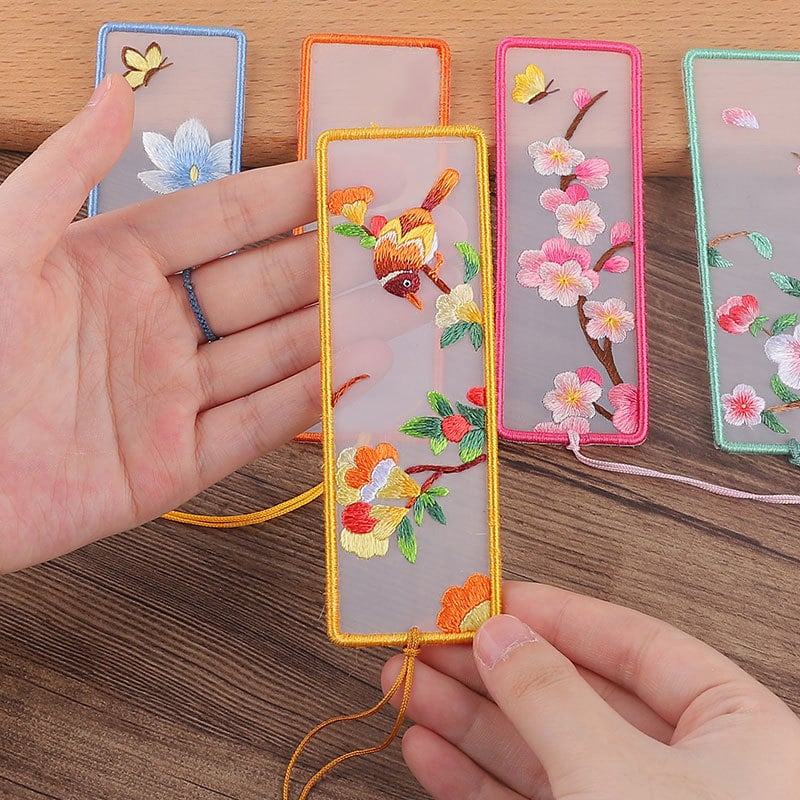 DIY набор за кръстосано бродиране: двустранна закладка за книга и висулка за кола, органза, мотиви с растения