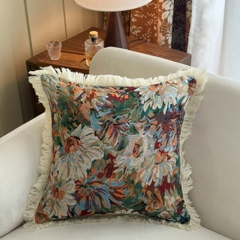 Retro navlaka za jastuk s resicama, od poliestersko-pamučne tkanine, cvjetni uzorak, četvrtasti oblik, punjenje PP pamuk