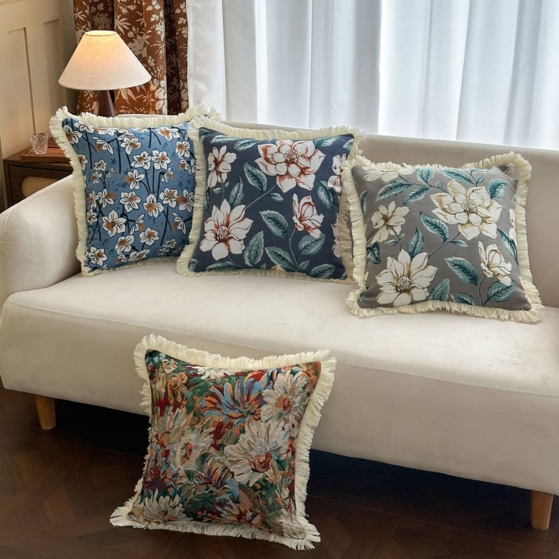 Retro navlaka za jastuk s resicama, od poliestersko-pamučne tkanine, cvjetni uzorak, četvrtasti oblik, punjenje PP pamuk