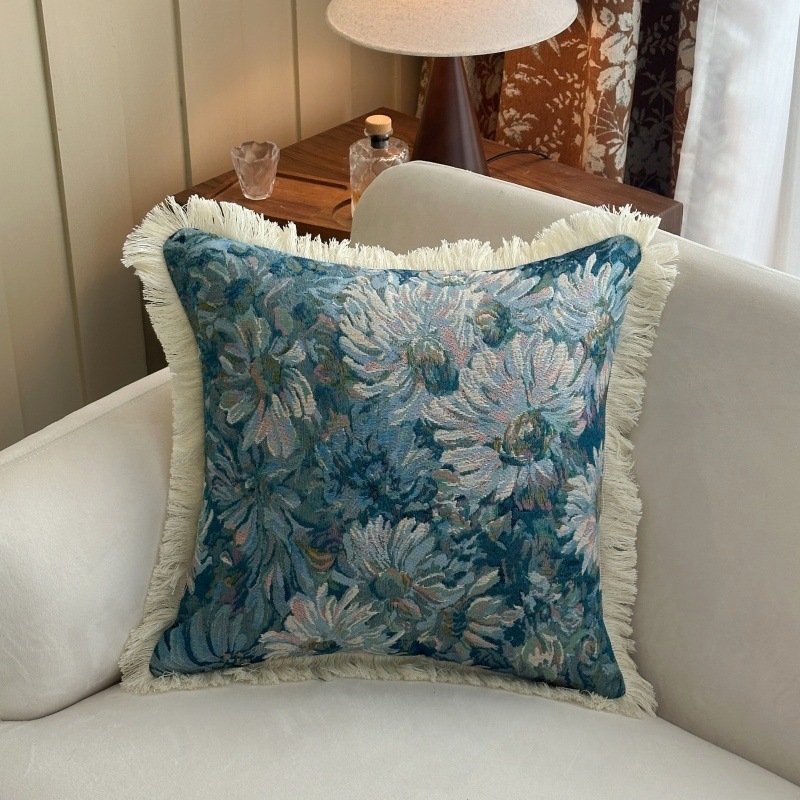 Retro navlaka za jastuk s resicama, od poliestersko-pamučne tkanine, cvjetni uzorak, četvrtasti oblik, punjenje PP pamuk