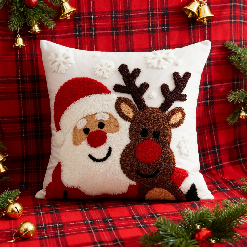 Jastučnica s vezom od ručnika — Božićni motiv Djed Mraz i pahulja snijega; prilagodljivo, moguć ispis logotipa