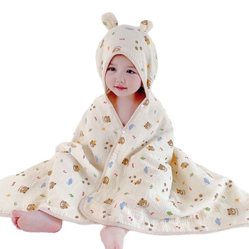 Négy rétegű krepp pamut medvefej-kapucnis fürdőlepedő köpeny, minden évszakban viselhető, puha állatmotívumú kapucnis köpeny élvarrással