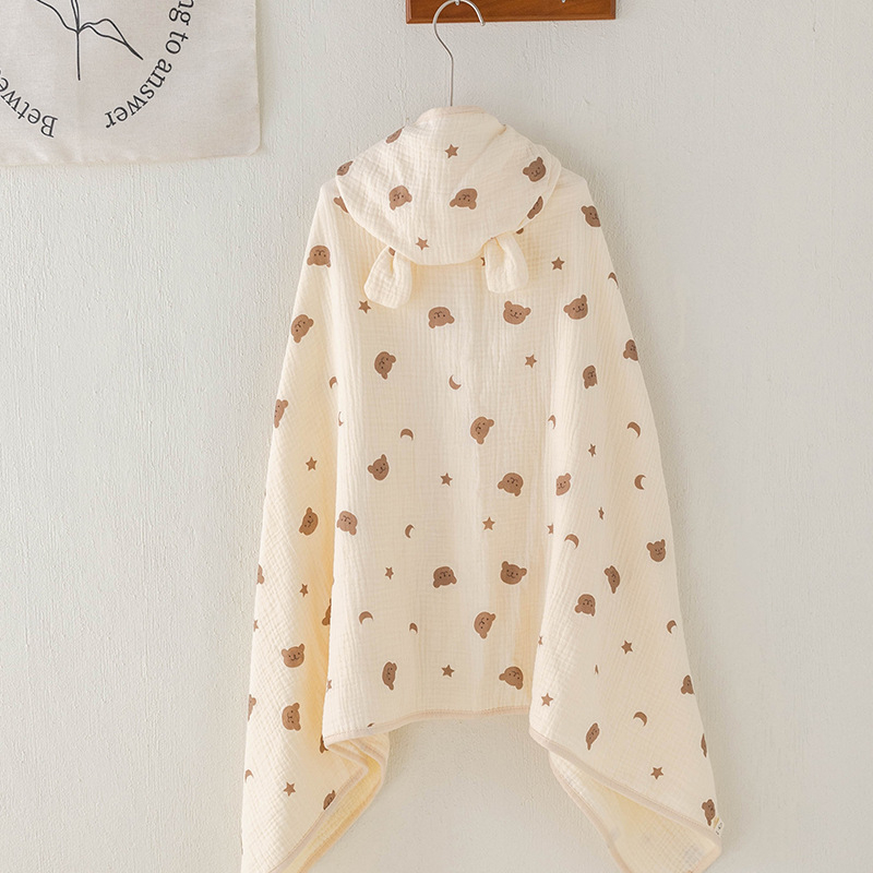 Négy rétegű krepp pamut medvefej-kapucnis fürdőlepedő köpeny, minden évszakban viselhető, puha állatmotívumú kapucnis köpeny élvarrással