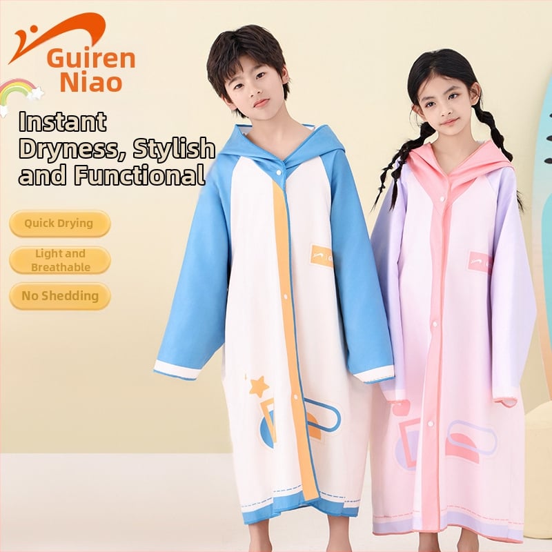 Gyerekeknek kapucnis úszótörölköző – nedvszívó, gyorsan száradó; poliészter+ nylon; tömeg 300–400 g; 19 szál; egyenletes szövés (plain weave); Noble Bird