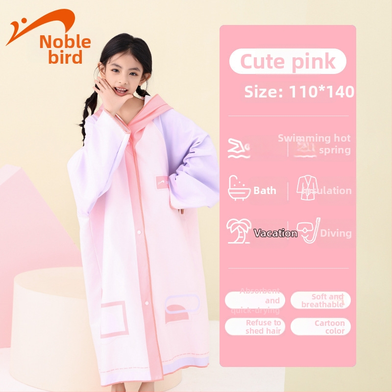 Gyerekeknek kapucnis úszótörölköző – nedvszívó, gyorsan száradó; poliészter+ nylon; tömeg 300–400 g; 19 szál; egyenletes szövés (plain weave); Noble Bird