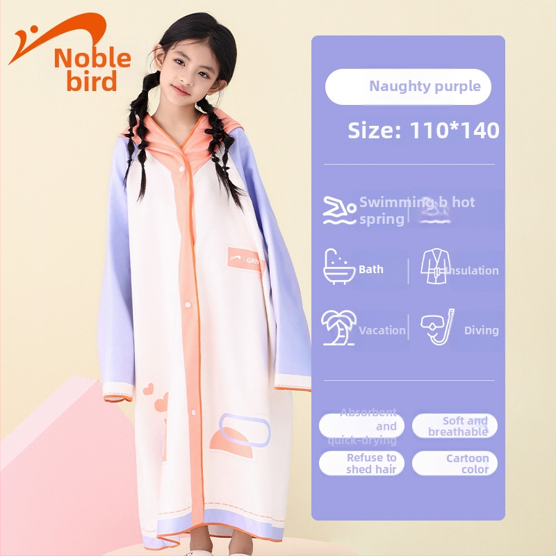 Gyerekeknek kapucnis úszótörölköző – nedvszívó, gyorsan száradó; poliészter+ nylon; tömeg 300–400 g; 19 szál; egyenletes szövés (plain weave); Noble Bird