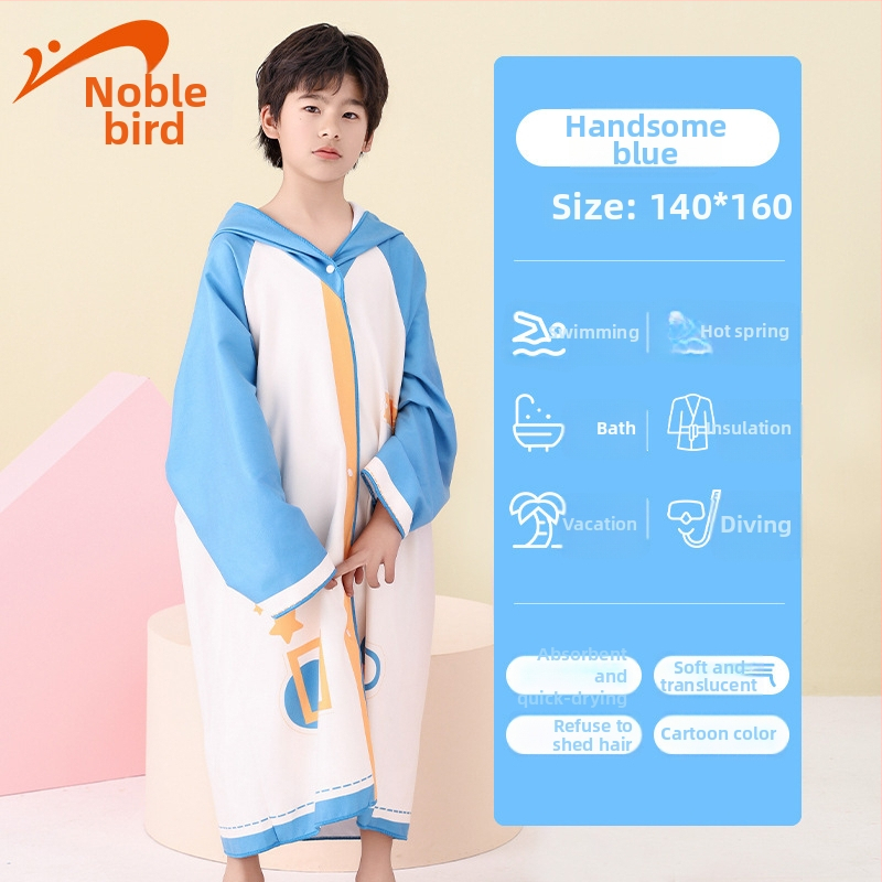 Gyerekeknek kapucnis úszótörölköző – nedvszívó, gyorsan száradó; poliészter+ nylon; tömeg 300–400 g; 19 szál; egyenletes szövés (plain weave); Noble Bird