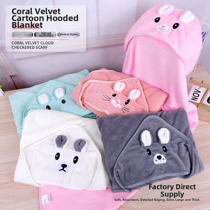 Baba kapucnis fürdőlepedő, nedvszívó Coral fleece, 200–300 g, 150D, sima szövés, mesés dizájn, vastag fürdőköntös őszre–télre