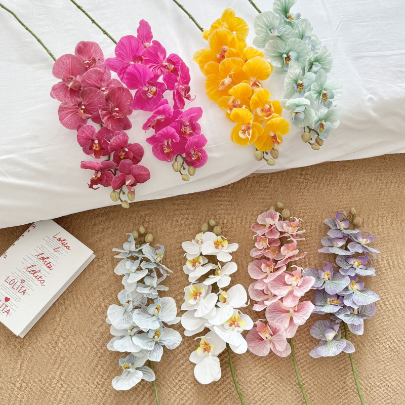 Phalaenopsis dirbtinė orchidėja, vienos šakos kompozicija, poliesterio audinys, 3D spausdinimas, namų dekoras