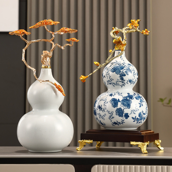 Keramikas kalabāša formas dekoratīvā figūra ar emaljas apdari, zilas un baltas krāsas raksts, ķīniešu stila mājas dekors dzīvojamajai istabai, vīna skapis vai birojam