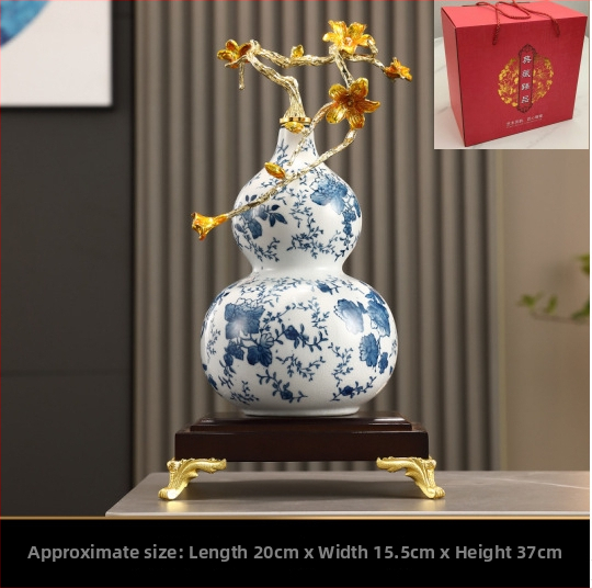 Keramikas kalabāša formas dekoratīvā figūra ar emaljas apdari, zilas un baltas krāsas raksts, ķīniešu stila mājas dekors dzīvojamajai istabai, vīna skapis vai birojam