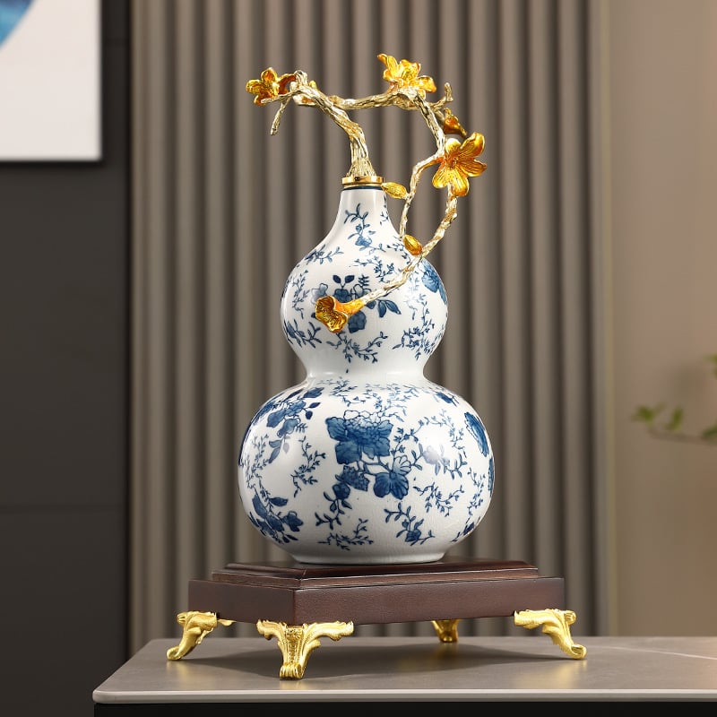 Keramikas kalabāša formas dekoratīvā figūra ar emaljas apdari, zilas un baltas krāsas raksts, ķīniešu stila mājas dekors dzīvojamajai istabai, vīna skapis vai birojam