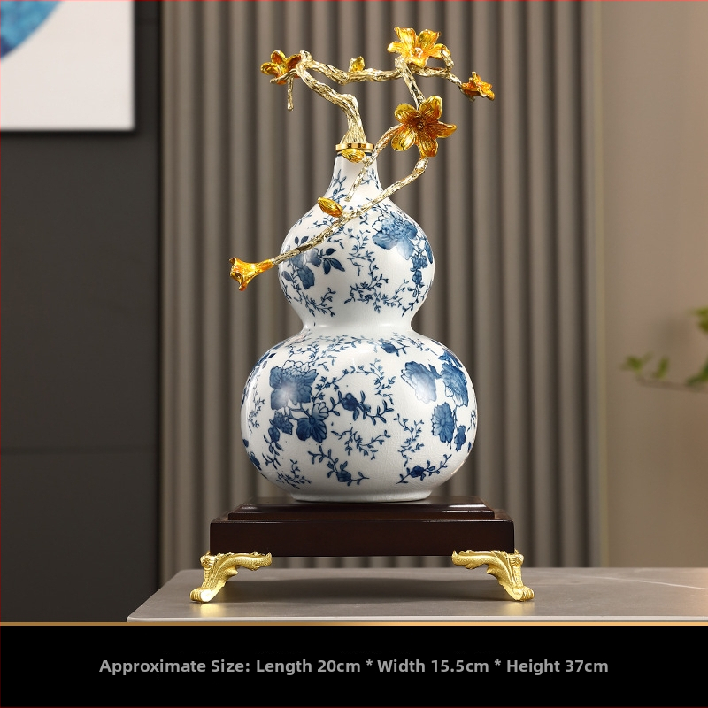 Keramikas kalabāša formas dekoratīvā figūra ar emaljas apdari, zilas un baltas krāsas raksts, ķīniešu stila mājas dekors dzīvojamajai istabai, vīna skapis vai birojam
