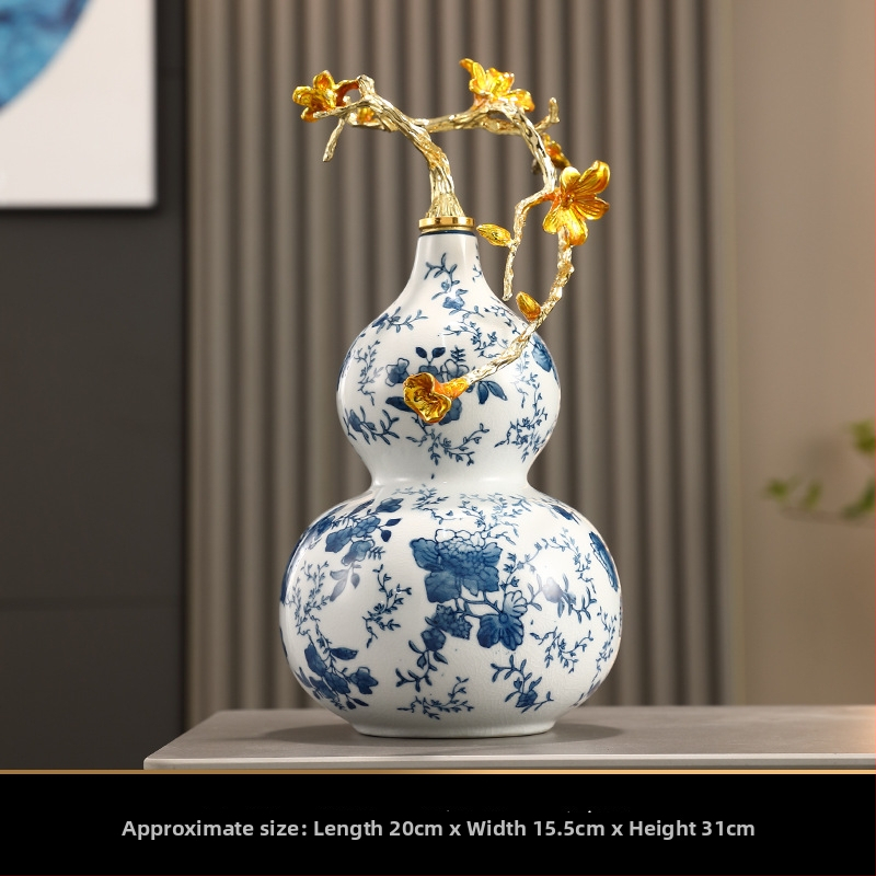 Keramikas kalabāša formas dekoratīvā figūra ar emaljas apdari, zilas un baltas krāsas raksts, ķīniešu stila mājas dekors dzīvojamajai istabai, vīna skapis vai birojam