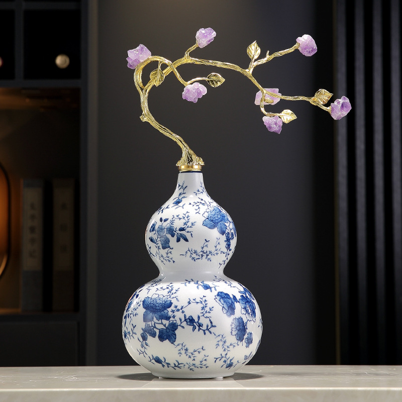 Keramikas kalabāša formas dekoratīvā figūra ar emaljas apdari, zilas un baltas krāsas raksts, ķīniešu stila mājas dekors dzīvojamajai istabai, vīna skapis vai birojam