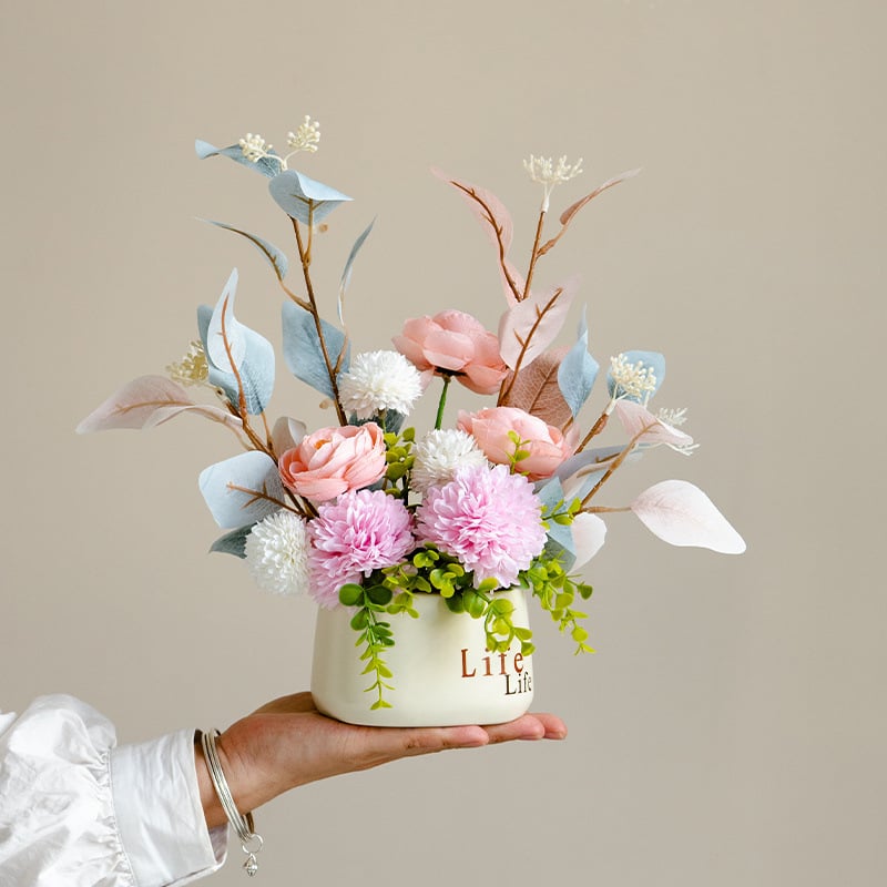 Dirbtinių šilkinių gėlių vazonas svetainės dekorui – šilko gėlės, serigrafijos technika