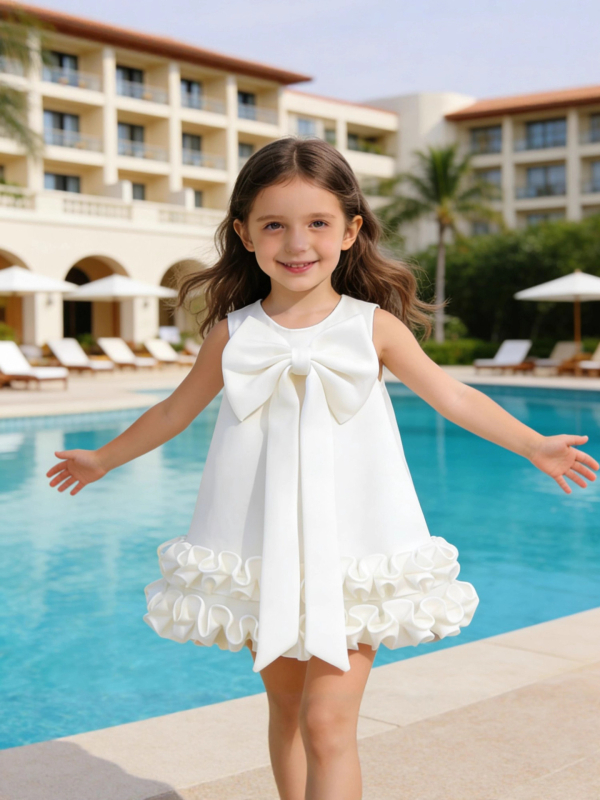 Tüdrukutele: A-liiniga kleit UV-kaitsega Vinylon-kangast, puuvillane vooder, sõlm detail, 3–8-aastased, sügis 2025