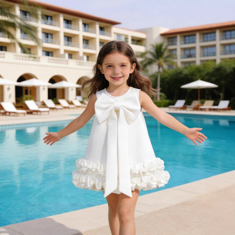 Tüdrukutele: A-liiniga kleit UV-kaitsega Vinylon-kangast, puuvillane vooder, sõlm detail, 3–8-aastased, sügis 2025