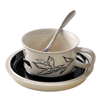 Комплект чаши за кафе с блюдце от керамика, ръчно рисувани флорални мотиви, ретро стил, мотиви: тюлпани, лилии, морски слънчогледи, персонализация: да