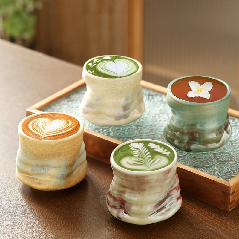 Kavos puodelis iš akmens keramikos, rankų darbo, raukšlėta nelygi forma, krosnies glazūra, svoris 230 g, prekės ženklas Mingjiang Haoyi, personalizavimas, logotipo atspausdinimas.