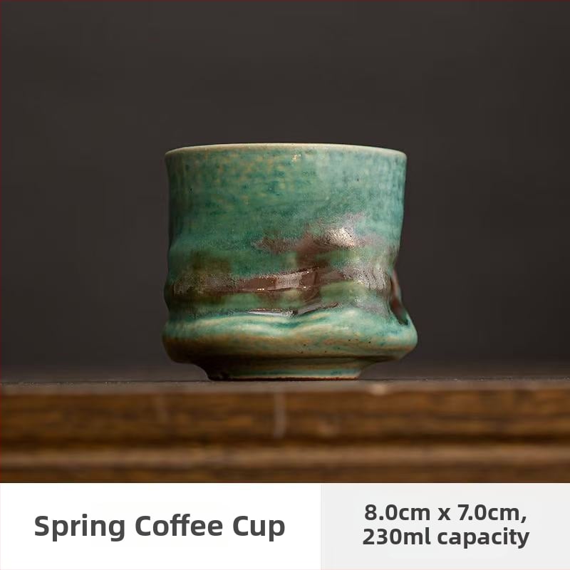 Kavos puodelis iš akmens keramikos, rankų darbo, raukšlėta nelygi forma, krosnies glazūra, svoris 230 g, prekės ženklas Mingjiang Haoyi, personalizavimas, logotipo atspausdinimas.