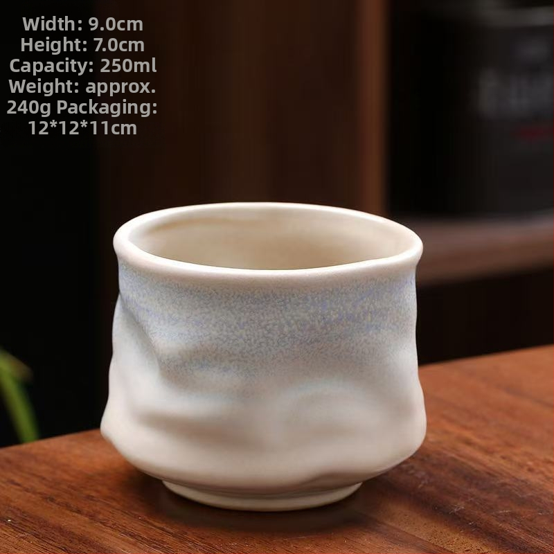 Kavos puodelis iš akmens keramikos, rankų darbo, raukšlėta nelygi forma, krosnies glazūra, svoris 230 g, prekės ženklas Mingjiang Haoyi, personalizavimas, logotipo atspausdinimas.