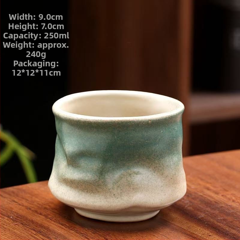Kavos puodelis iš akmens keramikos, rankų darbo, raukšlėta nelygi forma, krosnies glazūra, svoris 230 g, prekės ženklas Mingjiang Haoyi, personalizavimas, logotipo atspausdinimas.