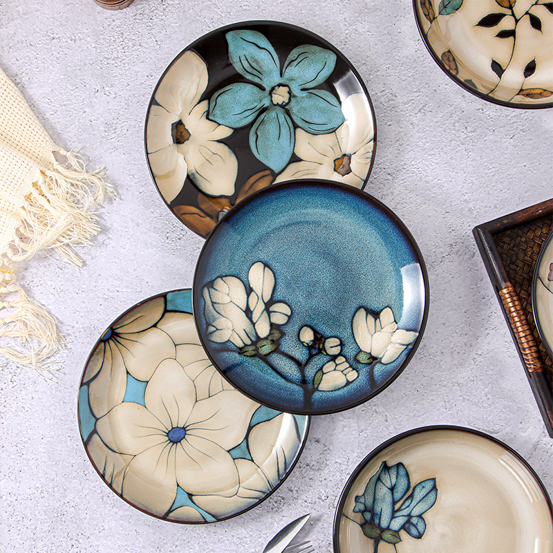 Portselaninė apvali gili plokštelė su gėlių raštu, kaimiškas stilius, po glazūra apdaila, tinkama mikrobangų krosnelėms