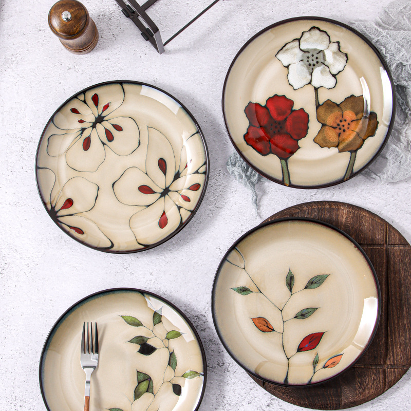 Portselaninė apvali gili plokštelė su gėlių raštu, kaimiškas stilius, po glazūra apdaila, tinkama mikrobangų krosnelėms