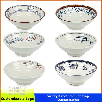 Melaminė sriubų dubenėlis su gėlių raštu, apvalios formos, tinkamas viešbučiams ir restoranams; logotipo spausdinimas ir pritaikymas prieinami