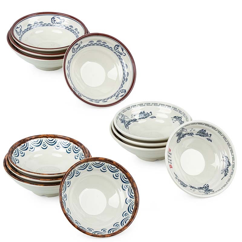 Melaminė sriubų dubenėlis su gėlių raštu, apvalios formos, tinkamas viešbučiams ir restoranams; logotipo spausdinimas ir pritaikymas prieinami