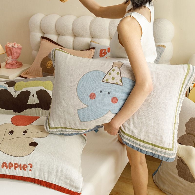 Navlake za jastuke od 100% pamuka, četiri sloja opranog gaznog materijala, jacquard uzorak s cartoon motivom, set od dva komada, nježne na kožu
